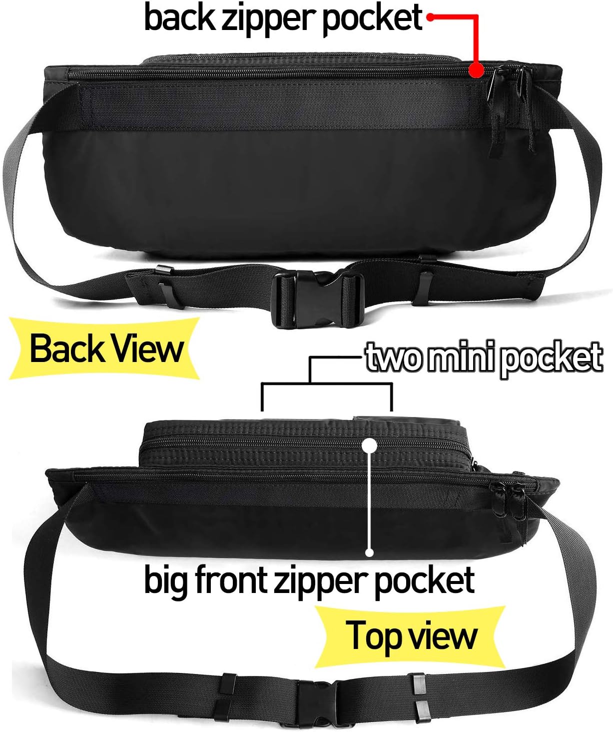 Large Waterproof Black Waist Bag Fanny Pack For Men Women Belt Bag Pouch Hip Bum Bag Chest Bag with Adjustable Strap, Premium Lightweight Fanny Pack For Gym Fitness Workout Travel Work Commuting - Image 4